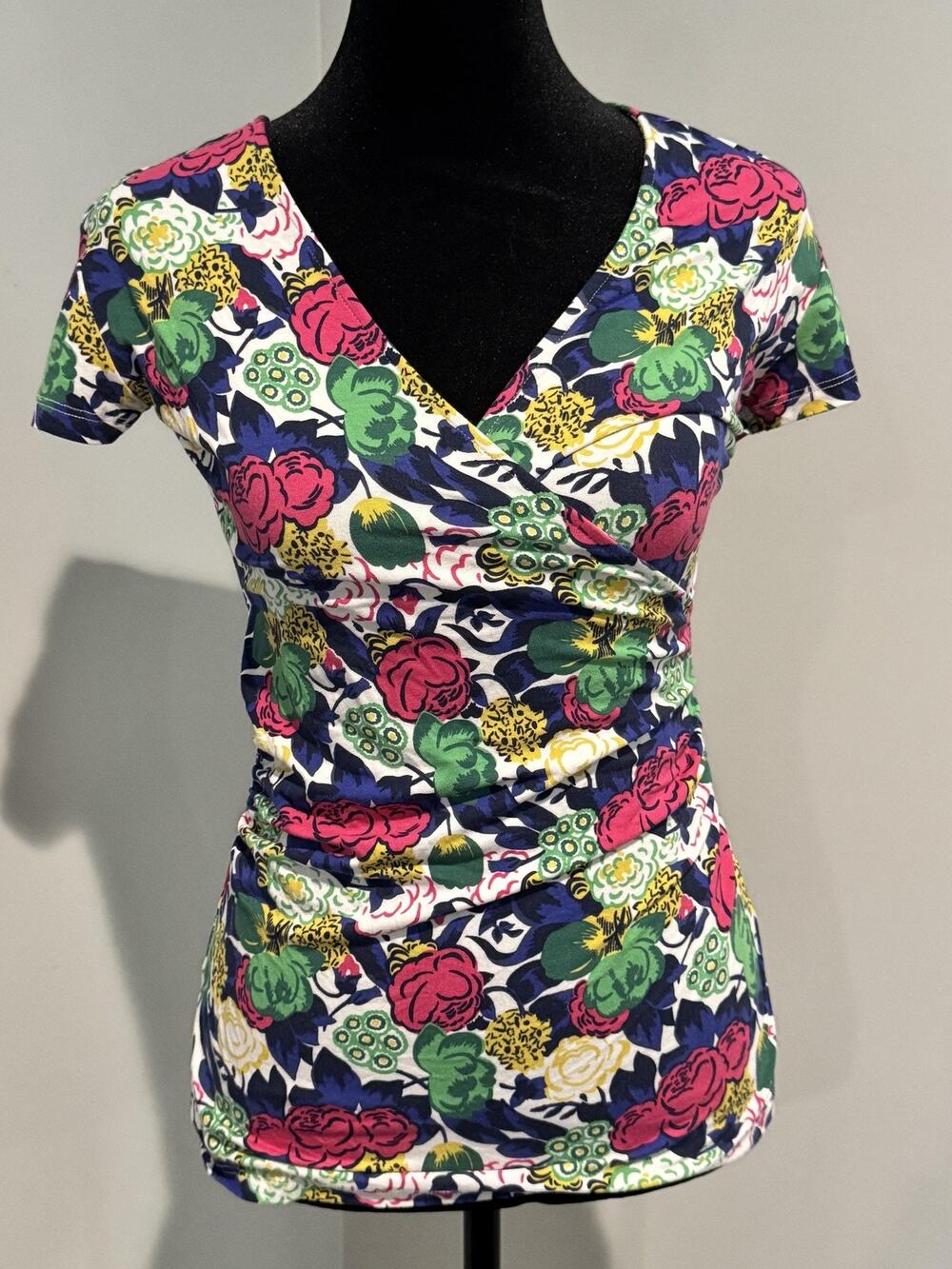 Boden T Shirt Womens 4 Multicolor Floral Ruched V Neck Short Sleeve Jersey Top